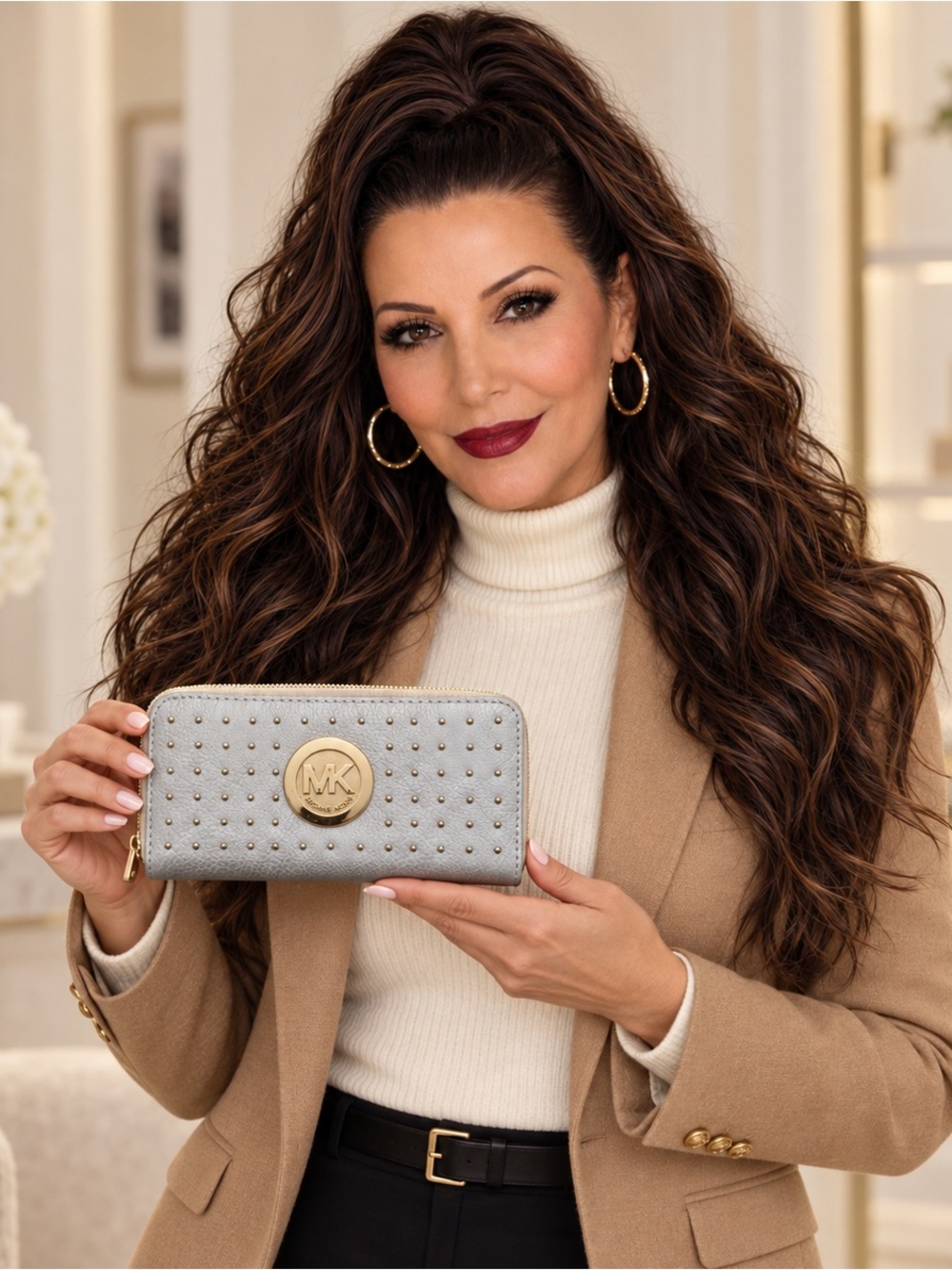 Michael Kors Light Gray Studded Zip Wallet with Gold MK Emblem